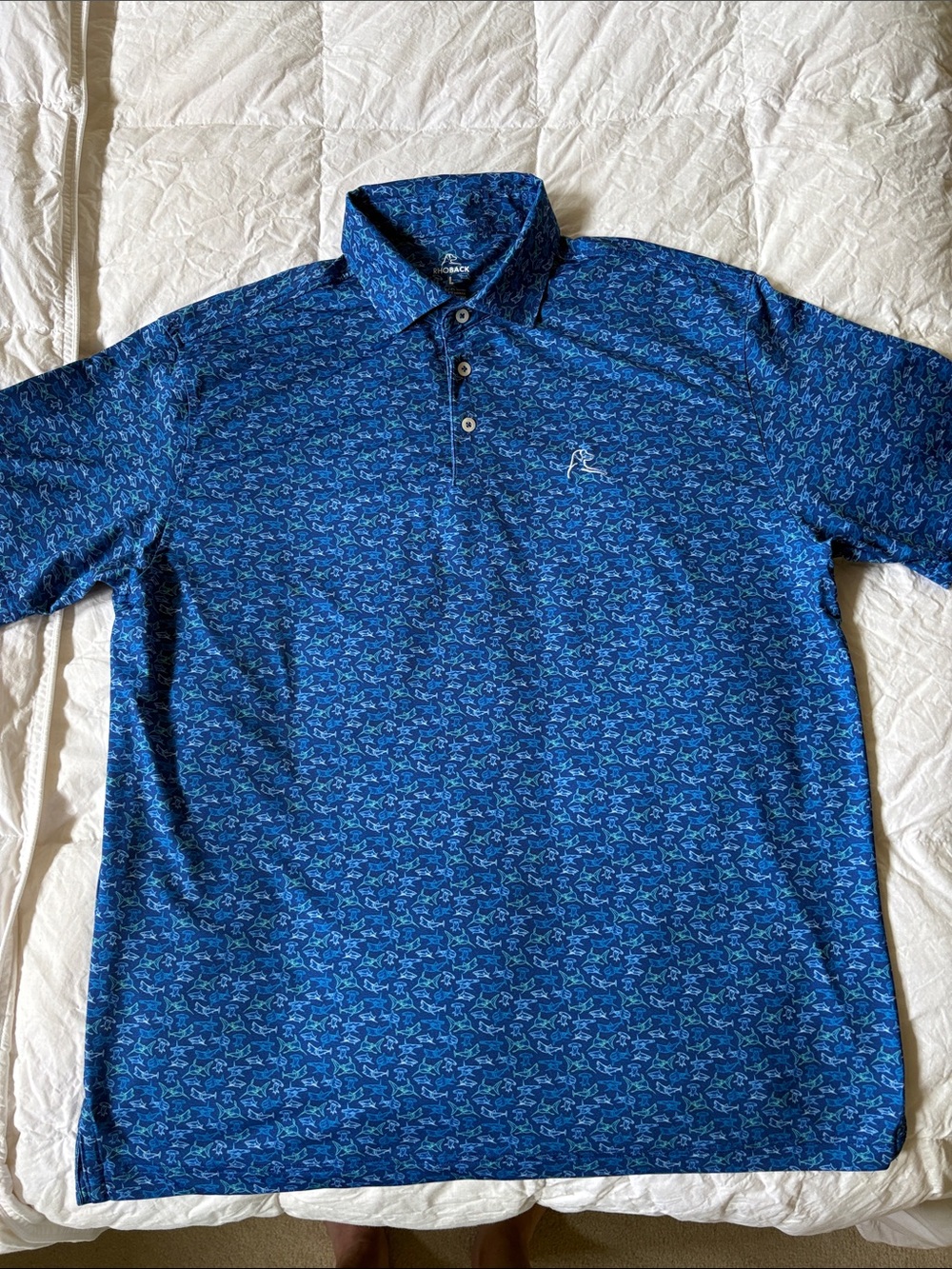 Rhoback Men's Navy and Light Blue Shark Pattern Polo - Picture 2 of 3